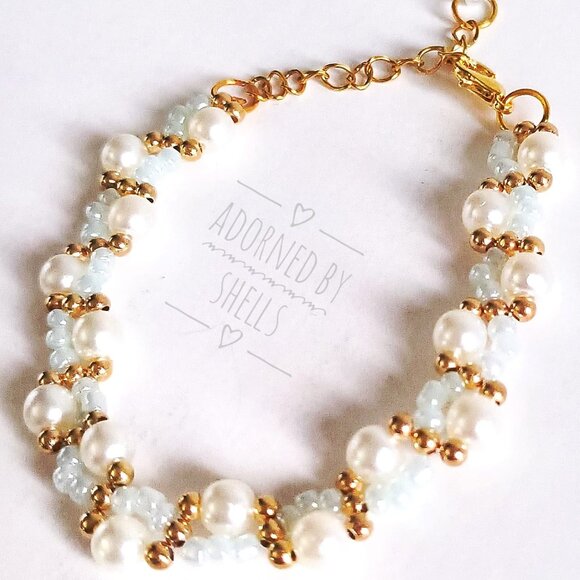 Beaded Bracelet, Blue Beads & Faux Pearls Bridal Stainless Steel Gold Jewelry - Picture 4 of 10